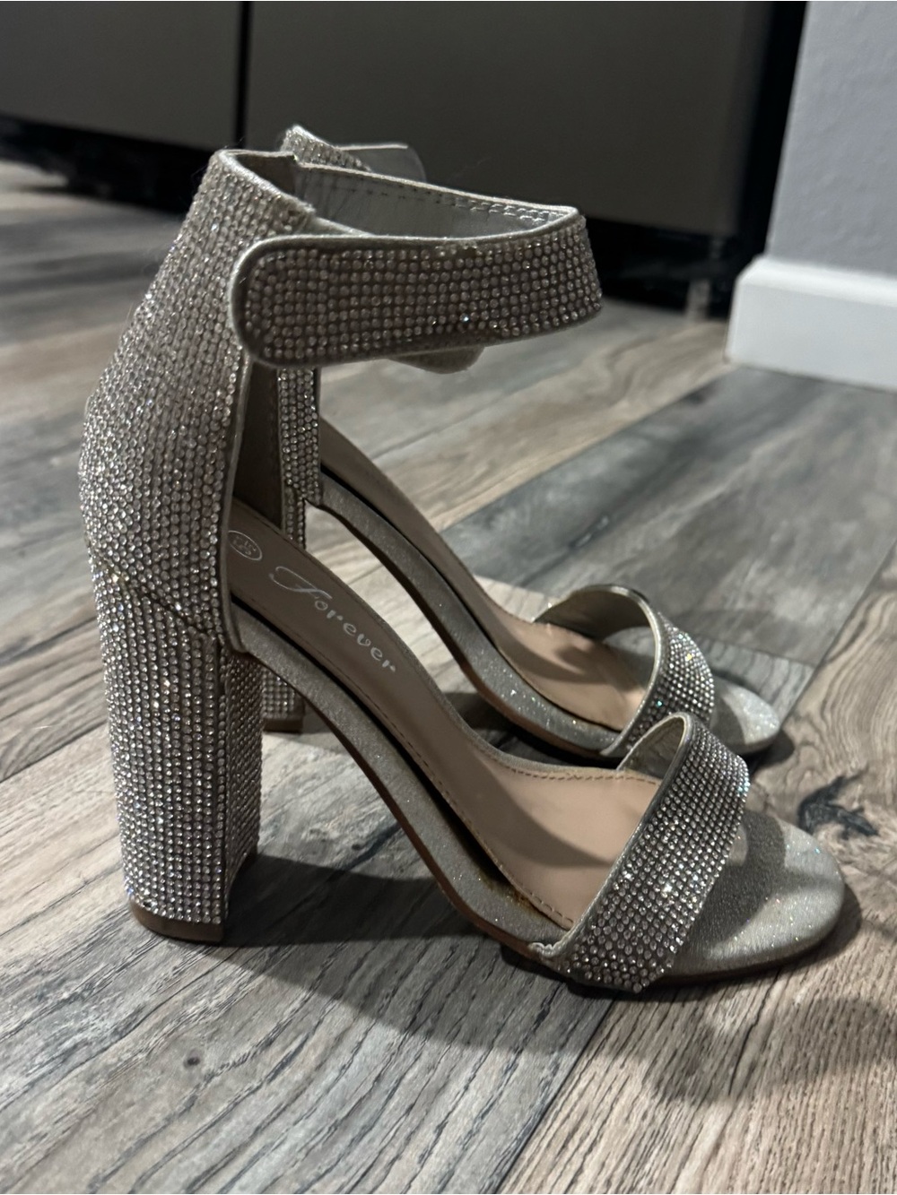 Silver Embellished Block Heel Sandals with Ankle Strap